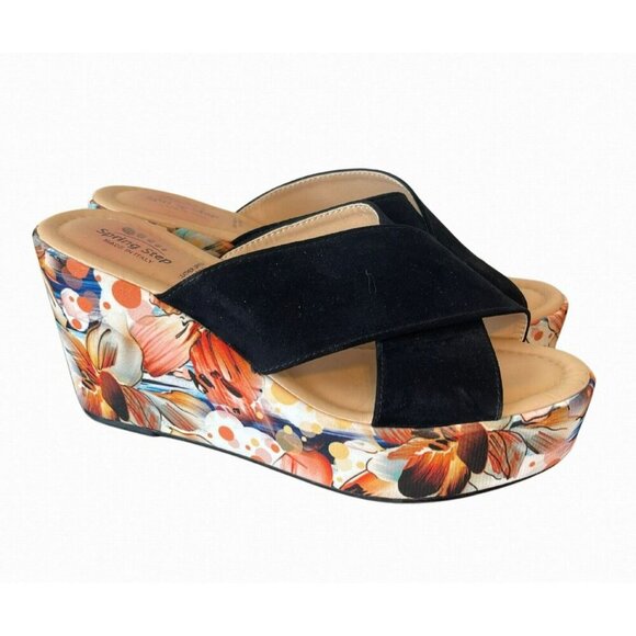 Spring Step Wedge Floral Black faux suede Sandals Womens 8/38 Comfort - Picture 1 of 6